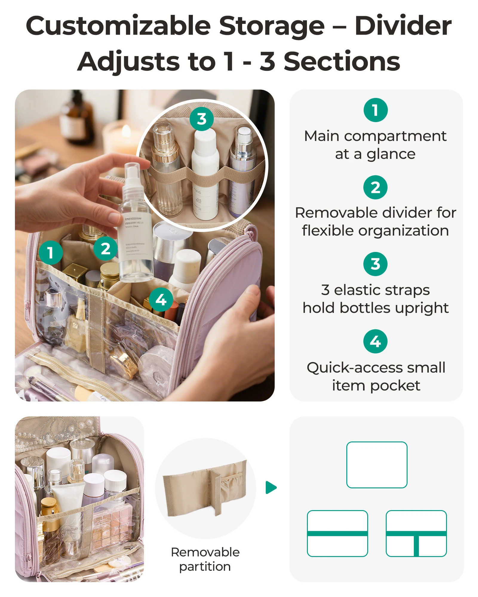 BAGSMART Borsa da toilette da donna con gancio per appendere Borsa cosmetica per trucco gonfio resistente all'acqua per accessori Contenitore per shampoo Toilette