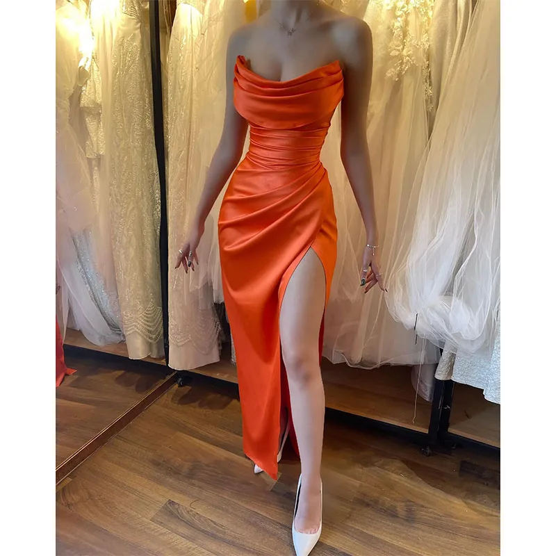 Elegant Orange Prom Dresses Strapless Sheath Evening Dress Pleats Split Formal Long Special Occasions Party Dress