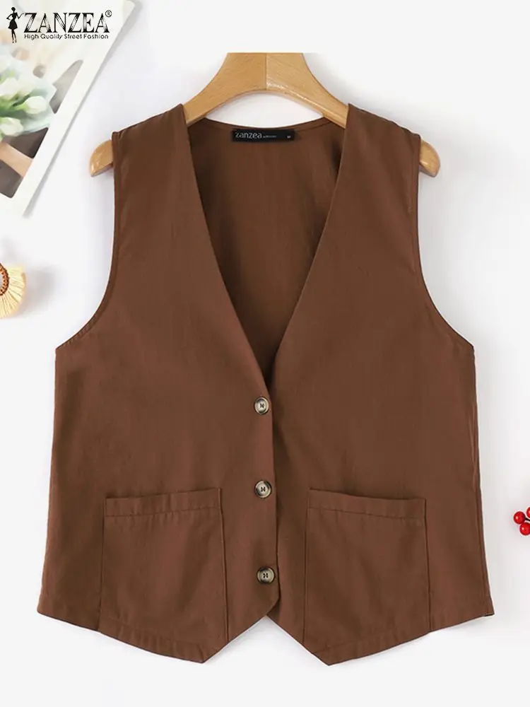 ZANZEA-ropa de trabajo para mujer, chalecos de oficina a la moda, Tops elegantes para viaje, cuello en V, chaquetas informales sin mangas de Color sólido, 2024