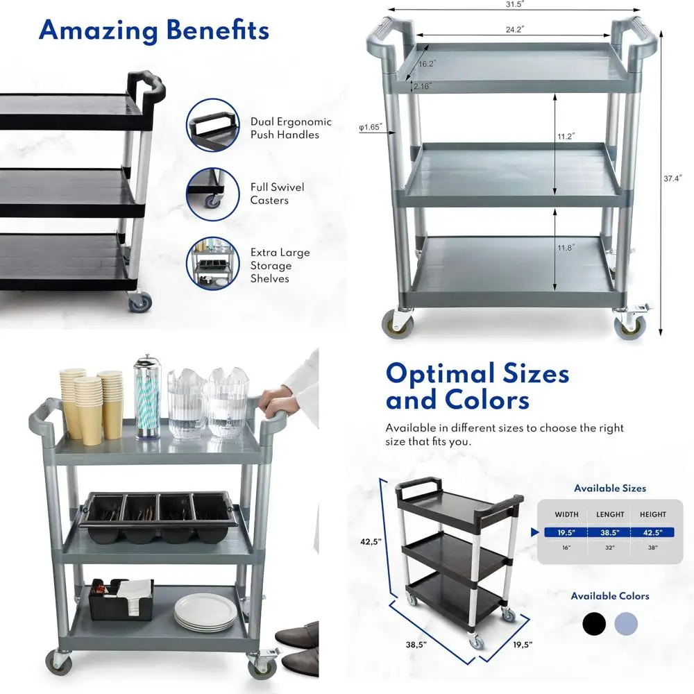 

Gray 3-Tier Plastic Utility Cart with Locking Casters, 250 lbs Capacity, 32 x 16 x 38