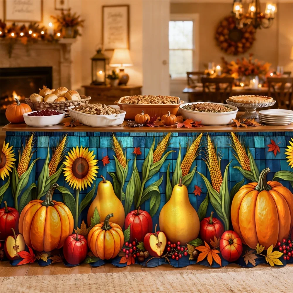 One table skirt. Autumn harvest table skirt. Polyester country style. Comfortable and cozy. Attracts people.