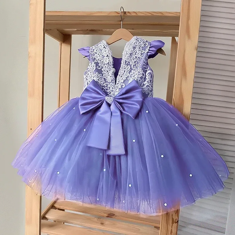 

Summer Girl Party Dress Embroidery Flower Bow Baby Tutu Gown Kids Birthday Evening Party Princess Costume Infant Beading Clothes