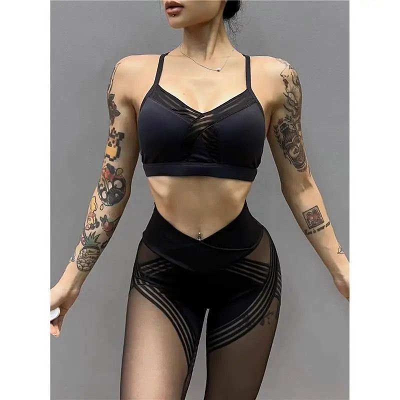 High Waist Mesh Splice Design Yoga Fitness Pants Women's Sporty Style Casual Trousers Harlan Type Polyester Fabric