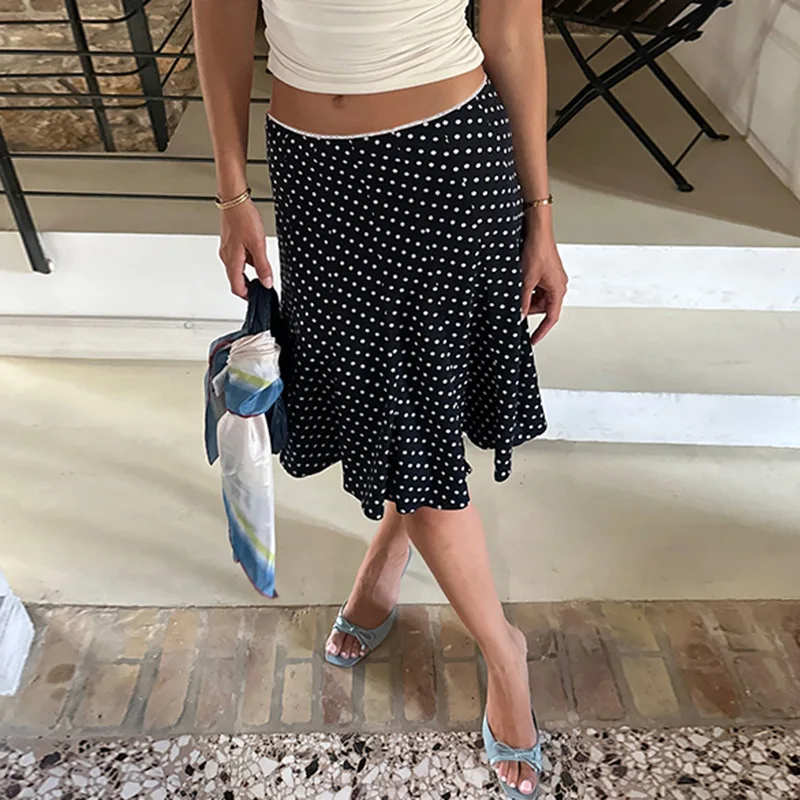 2026 New Summer INS Fashion French Mid Length Printed Polka Dot Skirt Retro Hip Wrapped Mermaid Midi Skirt
