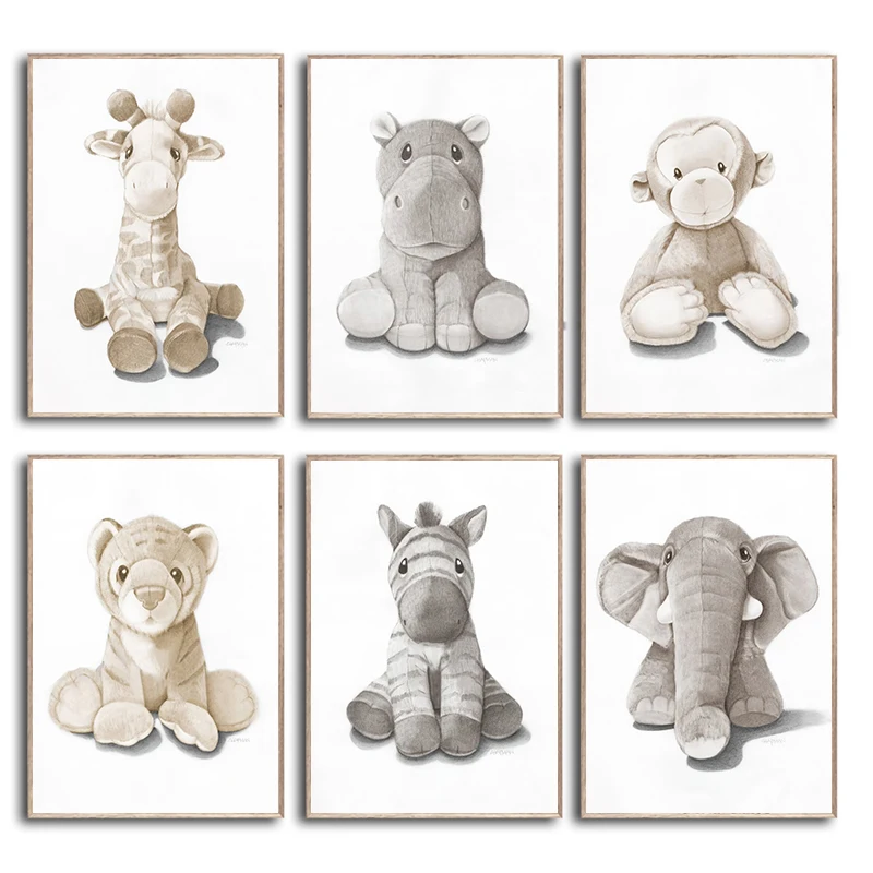 

6Pcs/Set Cartoon Animals Giraffes Elephants Monkeys Tigers Zebras Canvas Poster Picture Wall Decorations Nordic Room Home Decor