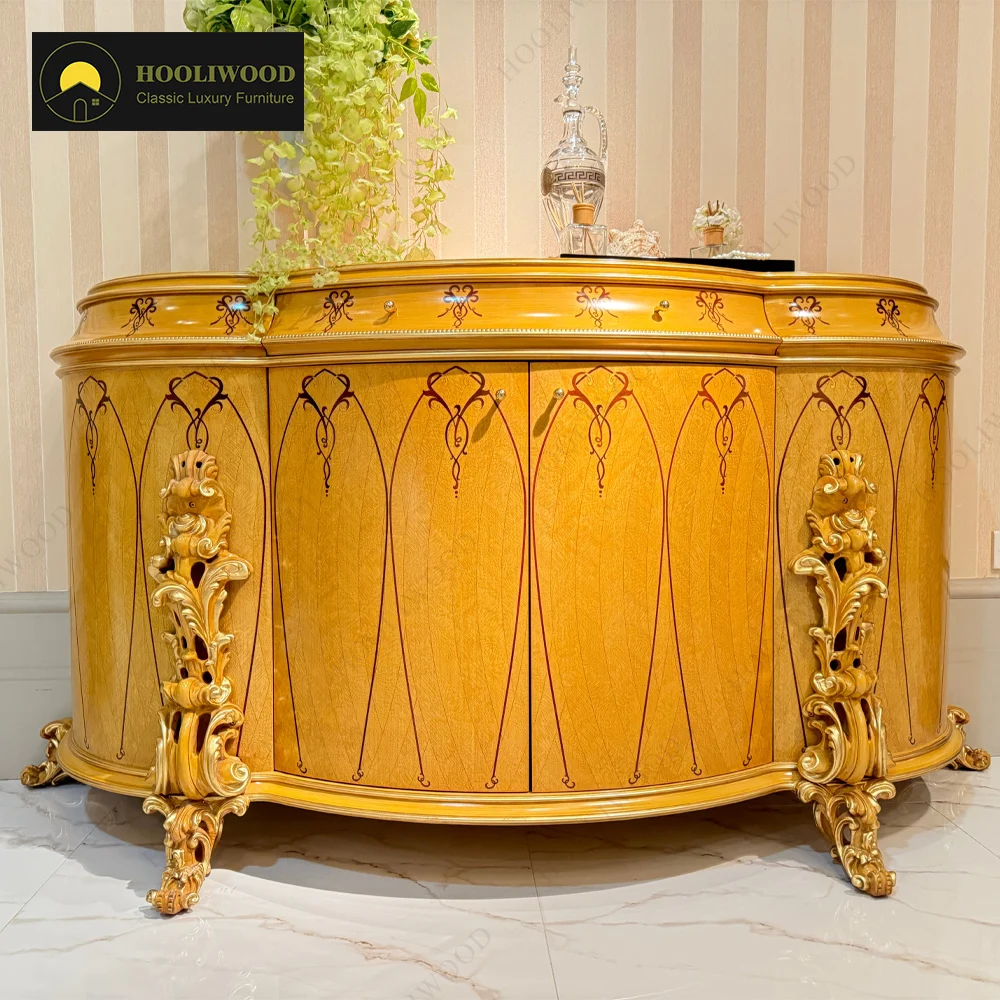 #Villa Luxury House Oval Wooden Sideboard Golden Carvings Luxury Classic Style Console Cabinet