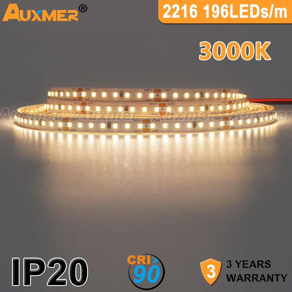 2216 LED Strip Lights,4mm 6mm 8mm PCB,CRI90 110lm/W,Flexible LED Tape DC24V,High Density 2100LEDs/Reel Dimmable LED IP20 5m