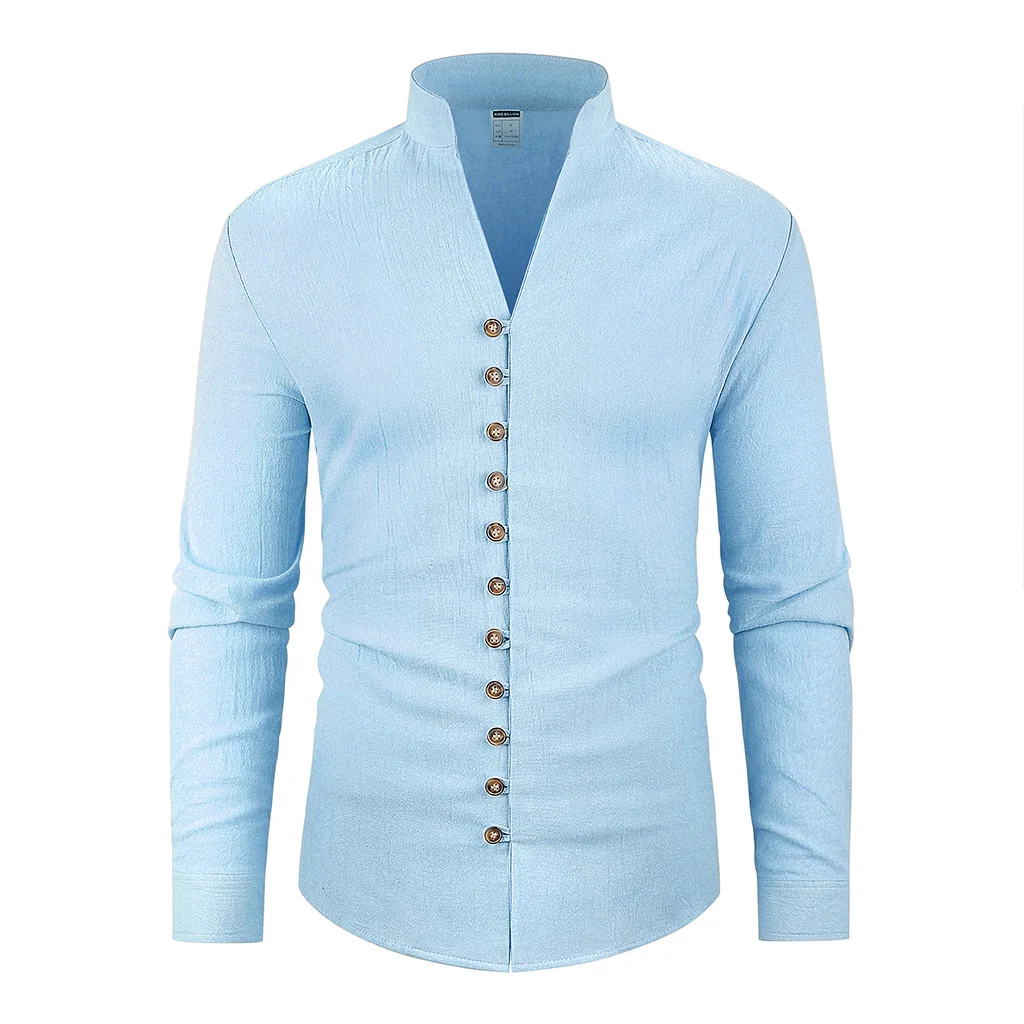 

Мужская хлопково-льняная рубашка с длинным рукавом, однобортная дышащая легкая стильная модная уличная пляжная рубашка с вырезом на пуговицах