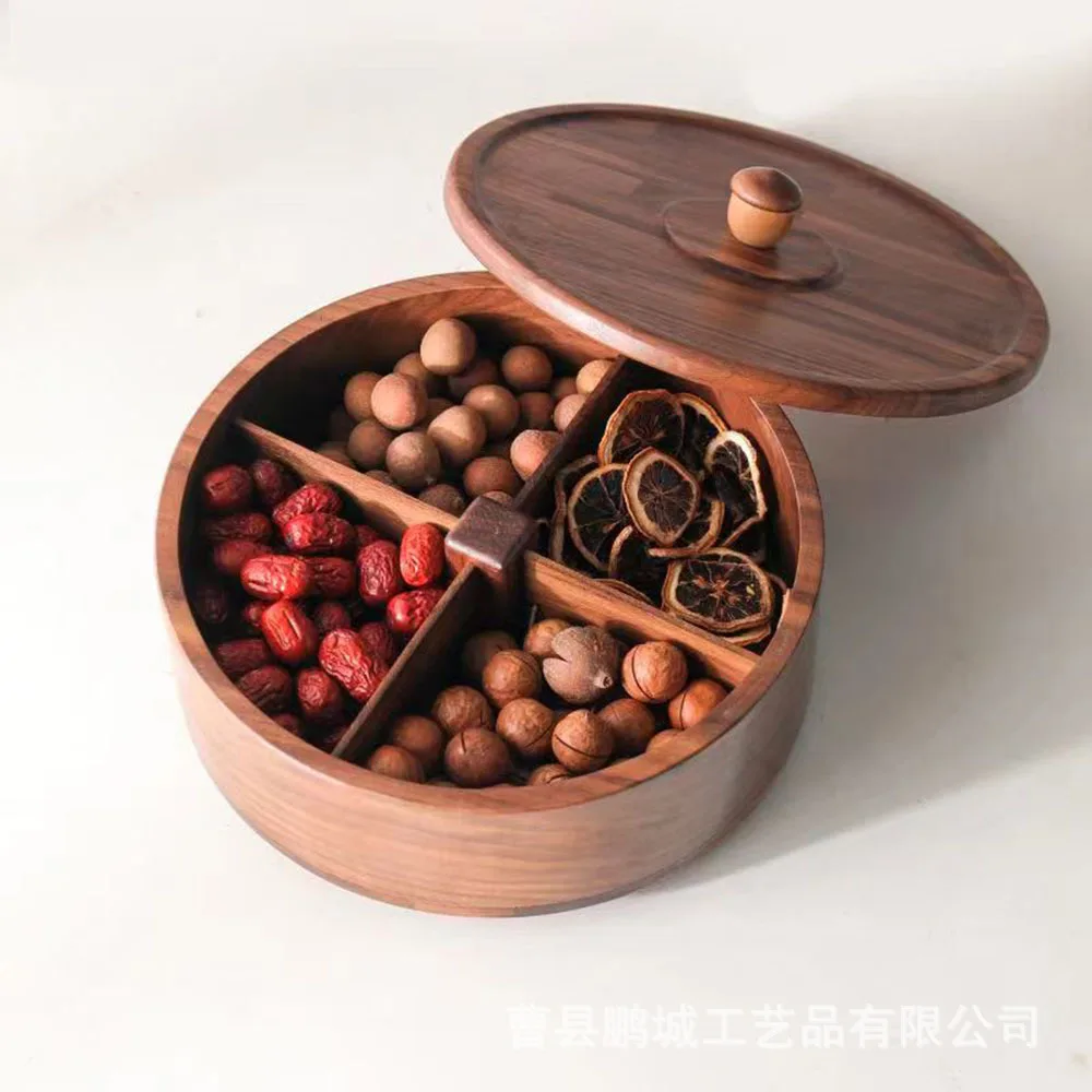 Rotating Dried Fruit Tray Solid Wood Candy Box Black Walnut Fruit Box Circular and Rotatable Partitioned Tray with Lid