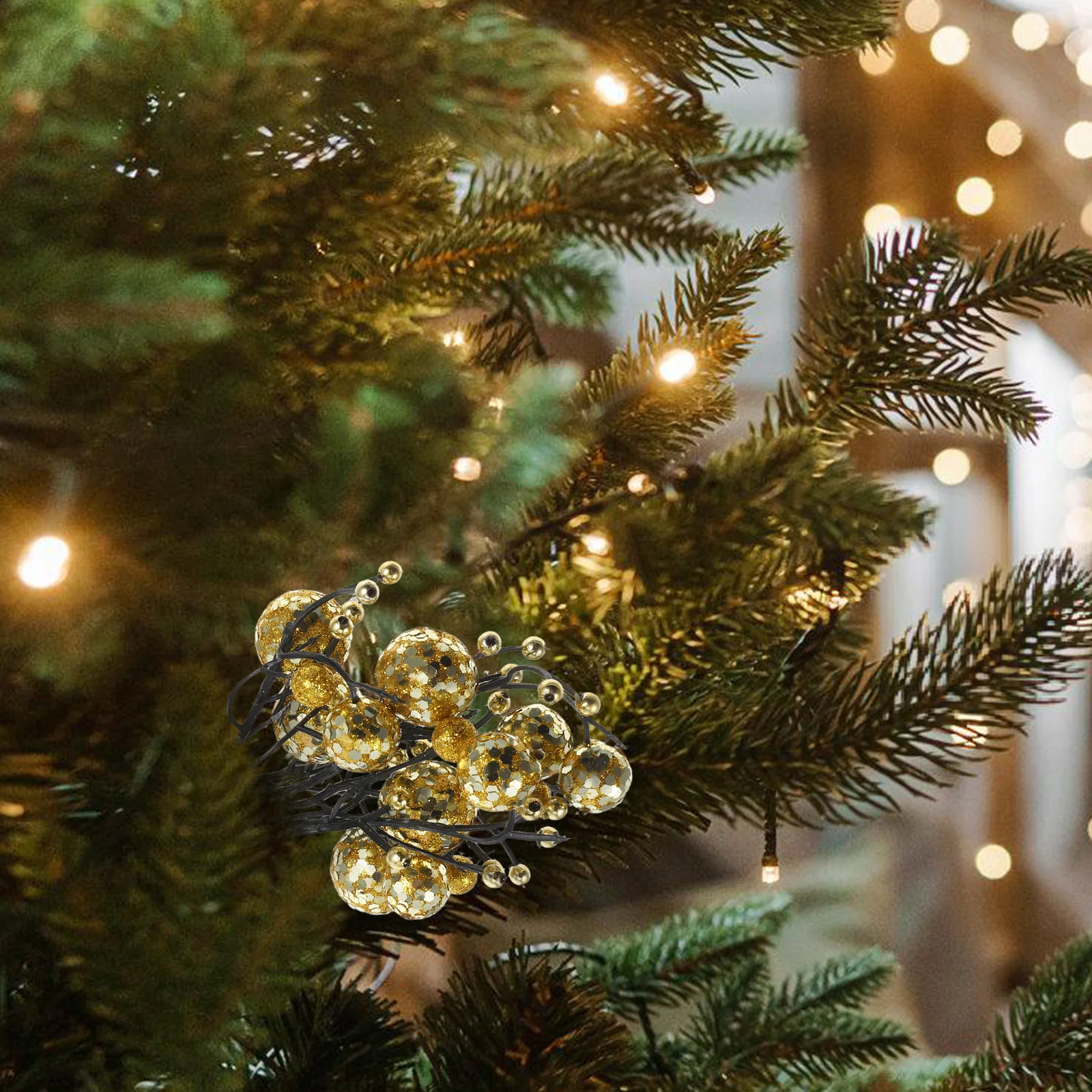 

Artificial Golden Glitter Berries Stems Sparkling Berry Twig for Christmas Tree Decoration Filler DIY Wreath Holiday Ornaments
