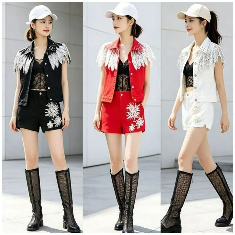 Denim Suit New Heavy Industry Rivets Fringed Sequins Light Luxury Slim-fitting Short Vest Shorts Two-piece Set Exquisite Simple