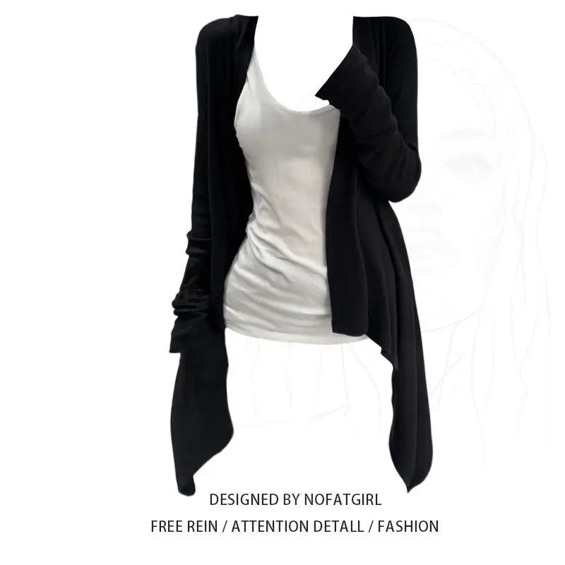 Elegant Lazy Style Pure Desire Wind Open Cardigan Set Summer New Slimming Simple Long Sleeve Vest Coat Irregular Hemline