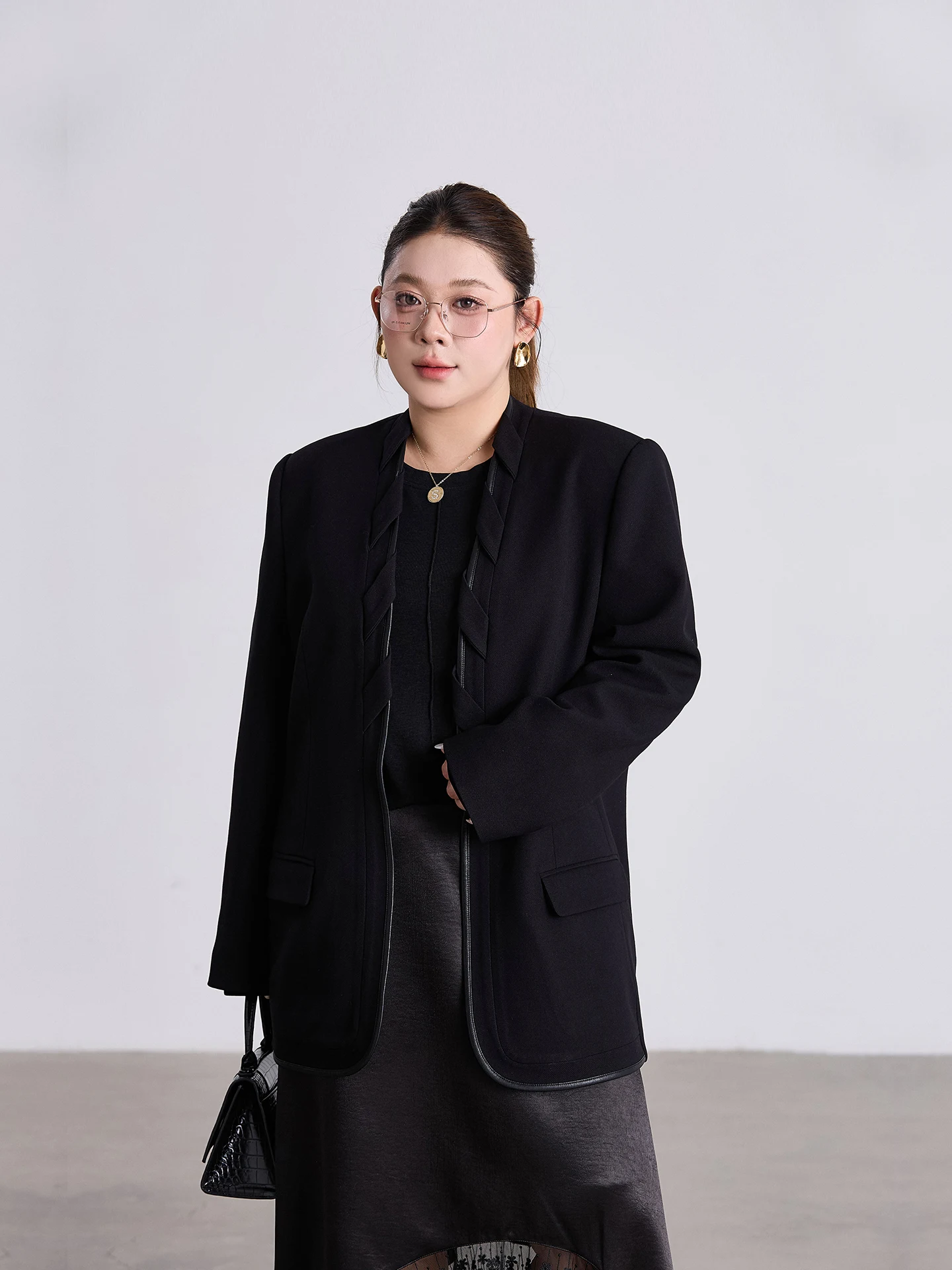 

Ele plus Size Women's Bla Suit Jaet Casual Loose Slimming Spring Top Quali Polyester Fiber Korean Sle Commute