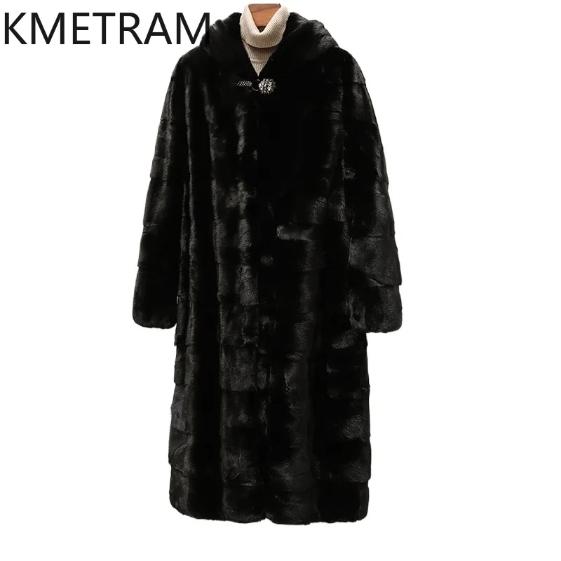 100% Mink Fur Jacket Woman Luxury Black Long Real Fur Coat with Hood 2025 High Quality Winter Clothes for Women шуба женская