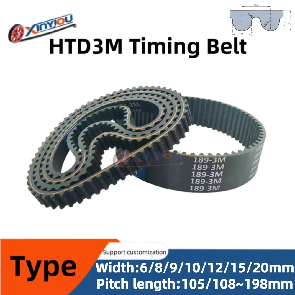 HTD3M Rubber Timing Belt 3mm Tooth Pitch Belt width 6/8/9/10/12/15/18/20mm Pitch Length Options 105~198mm