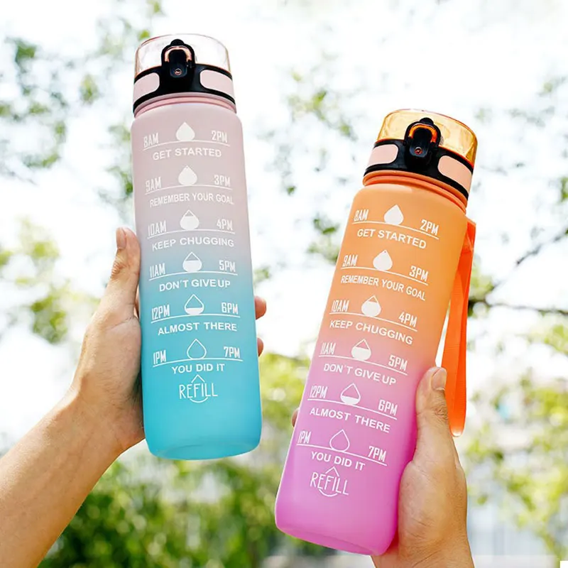 900/1000ml Sports Bottle with Time Scale Outdoor Gradient Color Sports Bottle Portable Fitness Motivational Straw Mug BPA Free