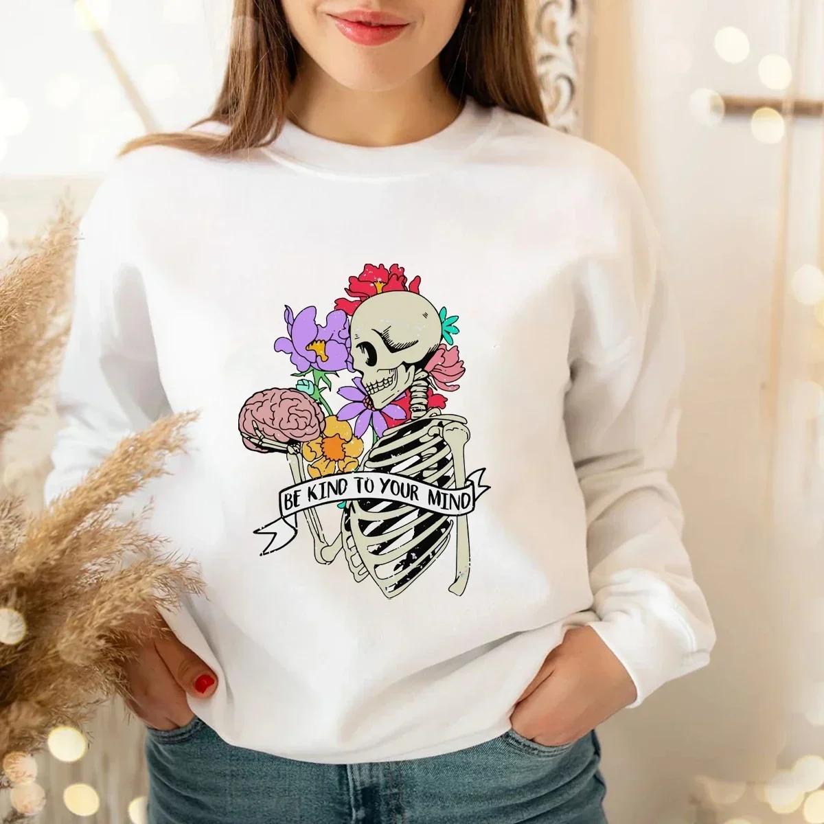 2024 New Womens Sweatshirt Mental Health Print Sweats Floral Skeleton Pullover Women Fashion Hoodies Casual Vintage Tops