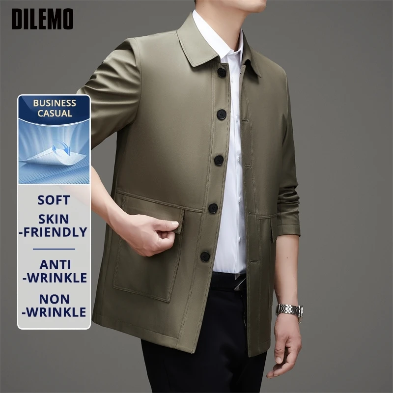 

High End Anti Wrinkle Men Business Turndown Collar Dad's Outfit Autumn Long Blazer Jacket Mature Executive Coats Windbreaker