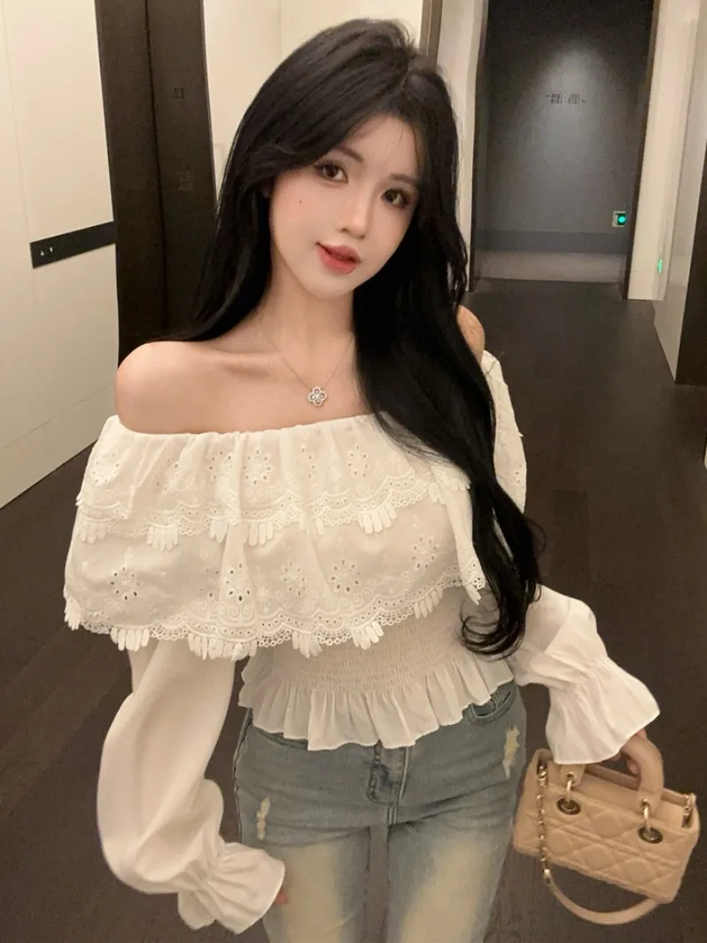 

Slim Fit Long Sve White irt Women's Summer Thin Sle Faionable oulder Bared Top Commute Sle Korean Version Pure C...