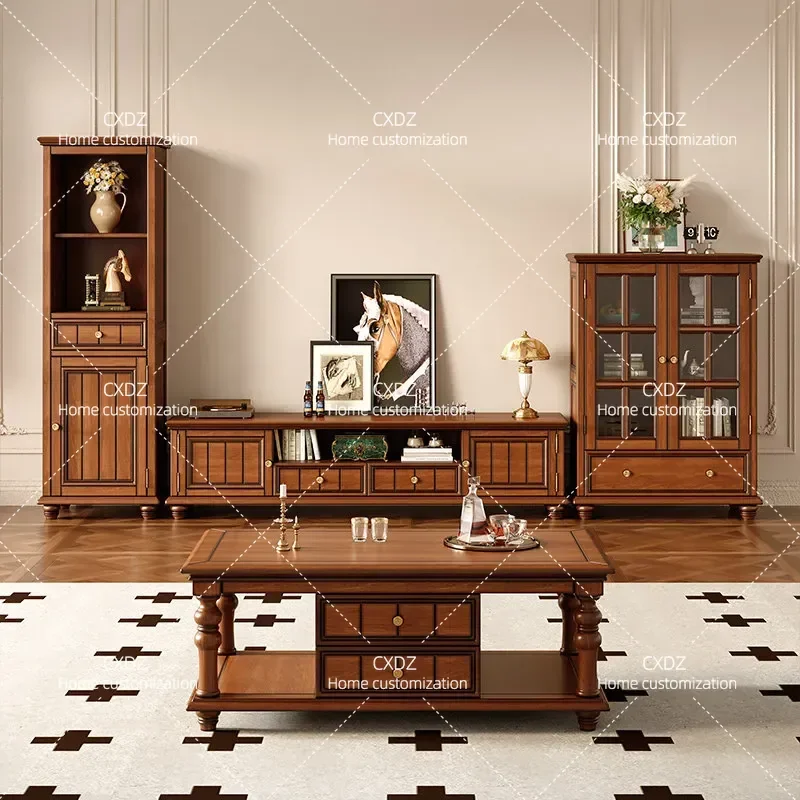 American Solid Wood TV Cabinet and Coffee Table Combo Retro Floor Storage Unit for Living Room Small Apartment Space Saving