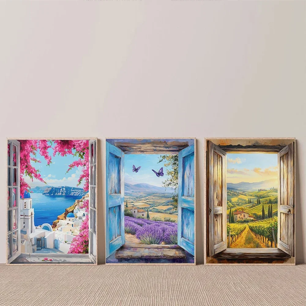 1pc frameless Canvas Painting Lavender Field Santorini Tuscany Window View Poster Landscape Canvas Painting Print Wall Art Pictu