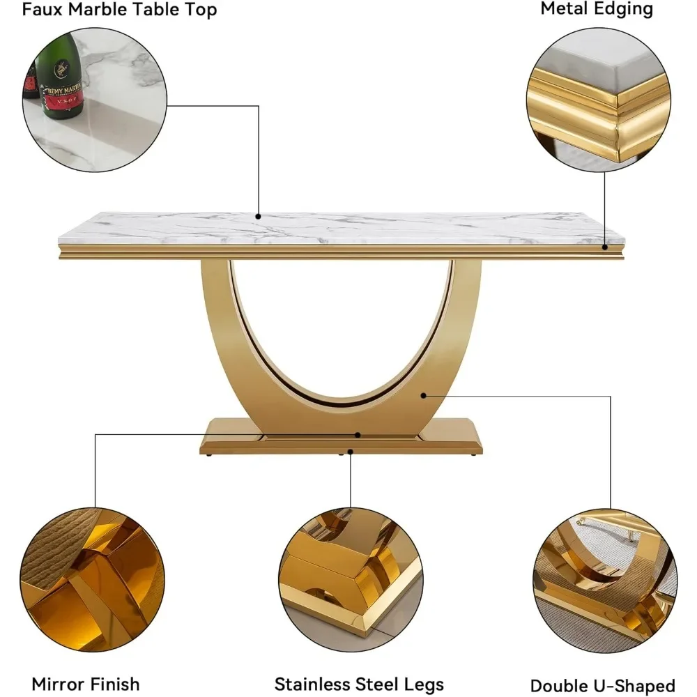 Table de salle à manger en faux marbre blanc, base en acier inoxydable en forme de U pour les touristes, impression de marbre, haut NW, 70 po, 6-8 po, 0.71 po