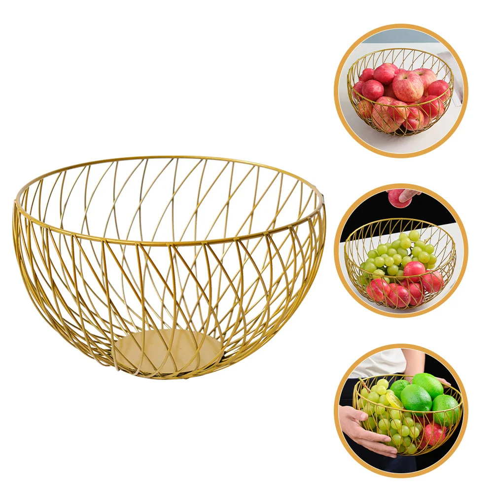 

Golden Fruit Basket Round Metal Wire Snack Container For Kitchen Coffee Table Hollow Out Fruit Bowl Storage Basket