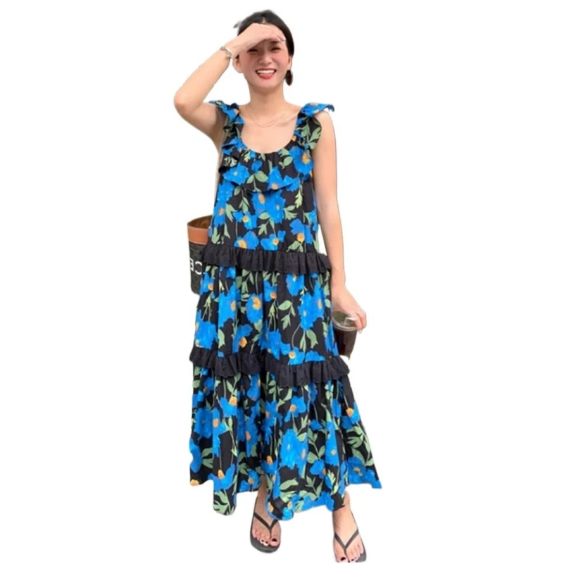 

Women Summer Cotton Strap Bohemian Beach Long Dress Vintage Blue Printed Loose Vacation Ladies Tank Sundress Korean Vestidos