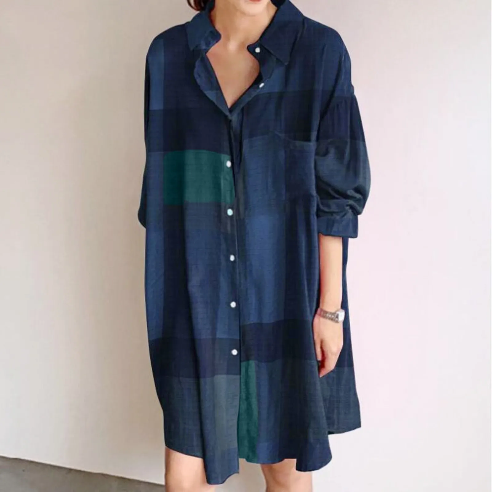 Women\'S Fashion Casual Plaid Print Lapel Single-Breasted Panel Straight Long Sleeve Loose Shirt Dress Vestidos En Oferta Liquida