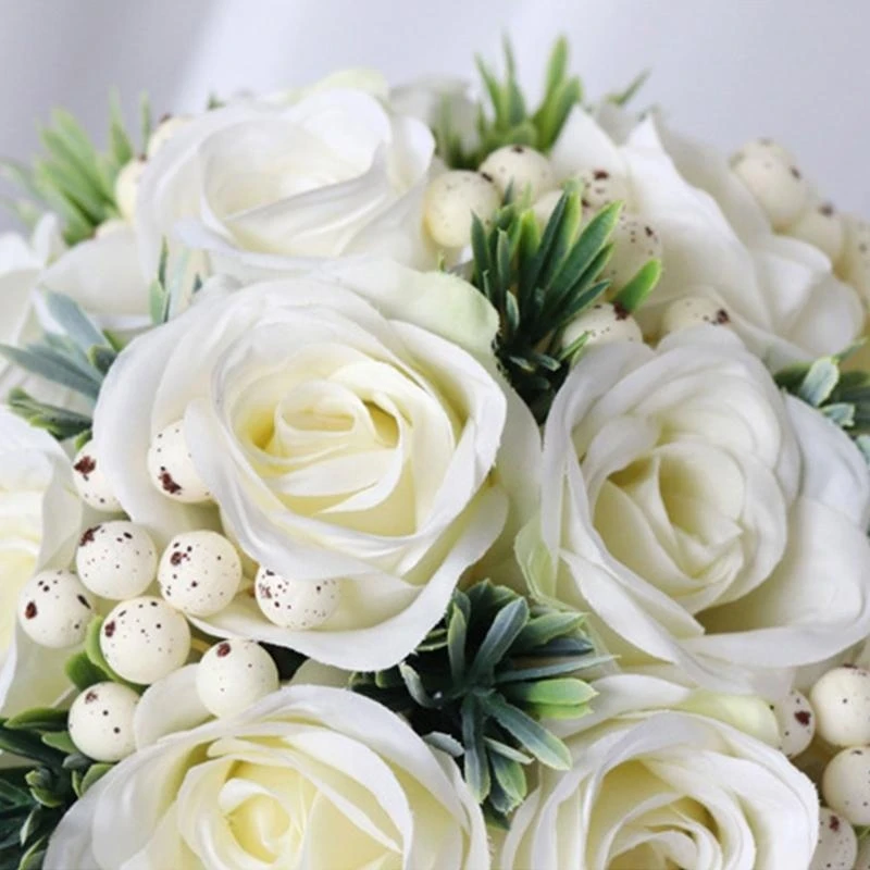 

Wedding Artificial Rose Berries Bouquets with Greenery Leaves Romantic Handmade Vintage Holding Flowers Centerpiece 15UB