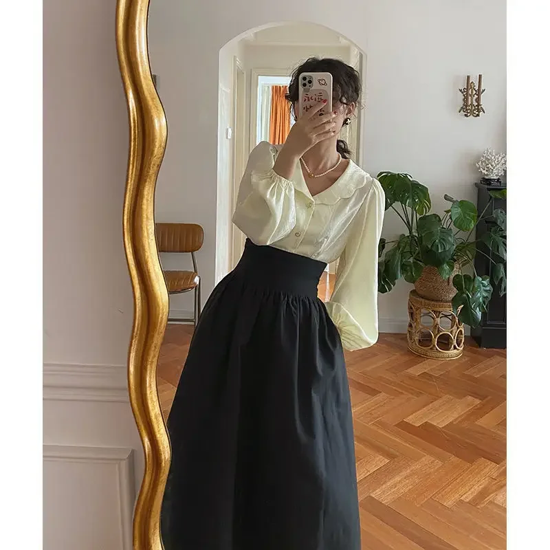 

Korean Harajuku High Waist Drawstring Waist Retraction Fluffy Skirt Womens Vintage Pocket Solid Color Elegant Long Skirts Y2k