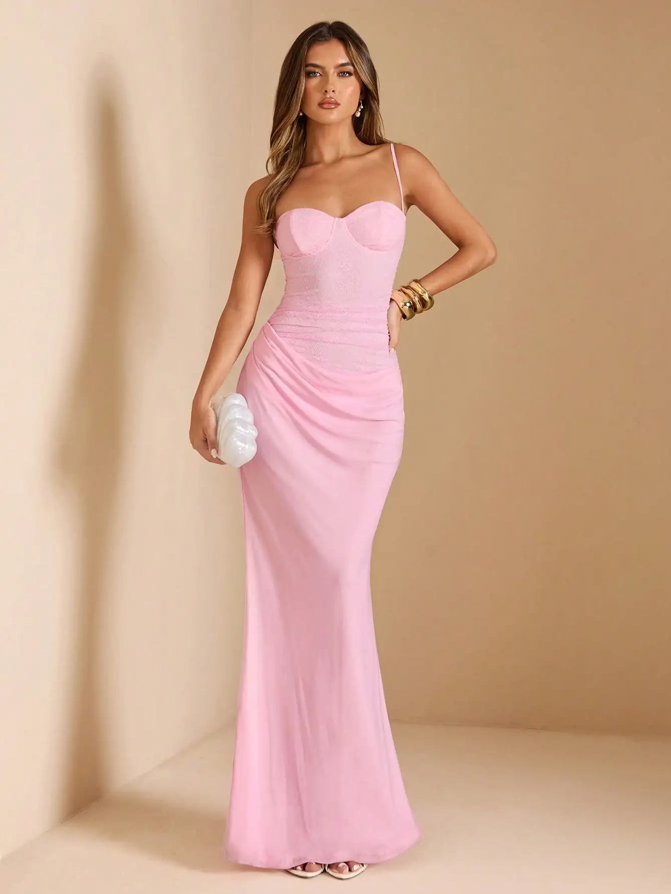 

Pink Lace Mesh Cami Maxi Dress for Evening Party Wedding Guest