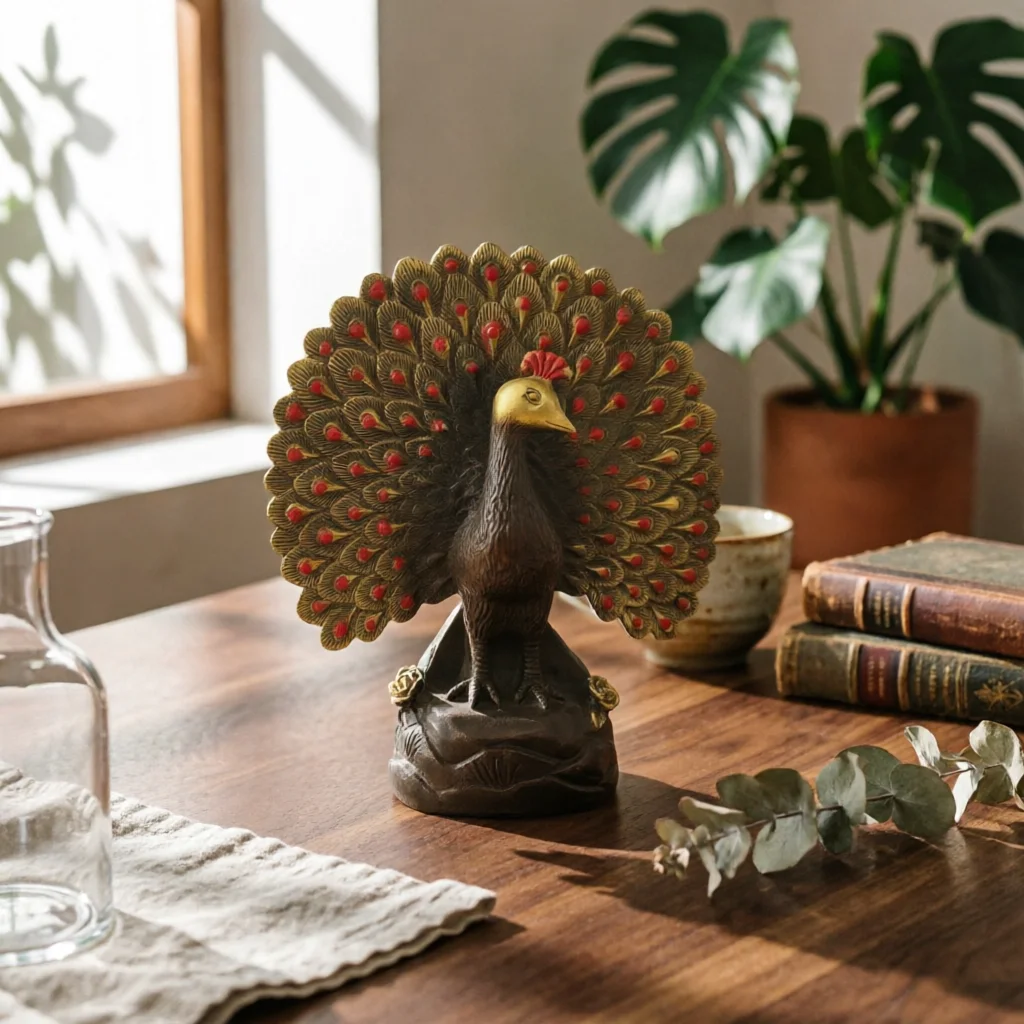 Peacock Figurine Fanned Tail Peacock Statue Bird Figurine Sculpted Ornament Detailed for Collectors, Desk, Office