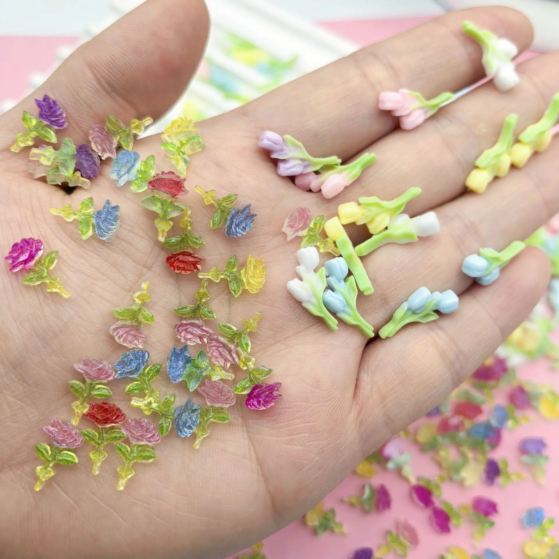 20pcs Mini Tulip Rose Flower Model Mixed Colors Fresh Floral Resin Accessory Craft Decoration Embellishment Miniature Ornament