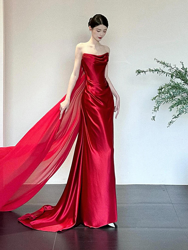 

Элегантное красное свадебное платье с шлейфом для церемонии чаепития, простое, с завышенной талией, на молнии, длинное вечернее платье