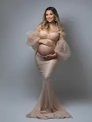 2 Pcs Pregnant Women Prom Dresses Long Sleeves Tulle Pleat Tube Top Maternity Photography Dressing Gown Skirt Baby Shower Dress