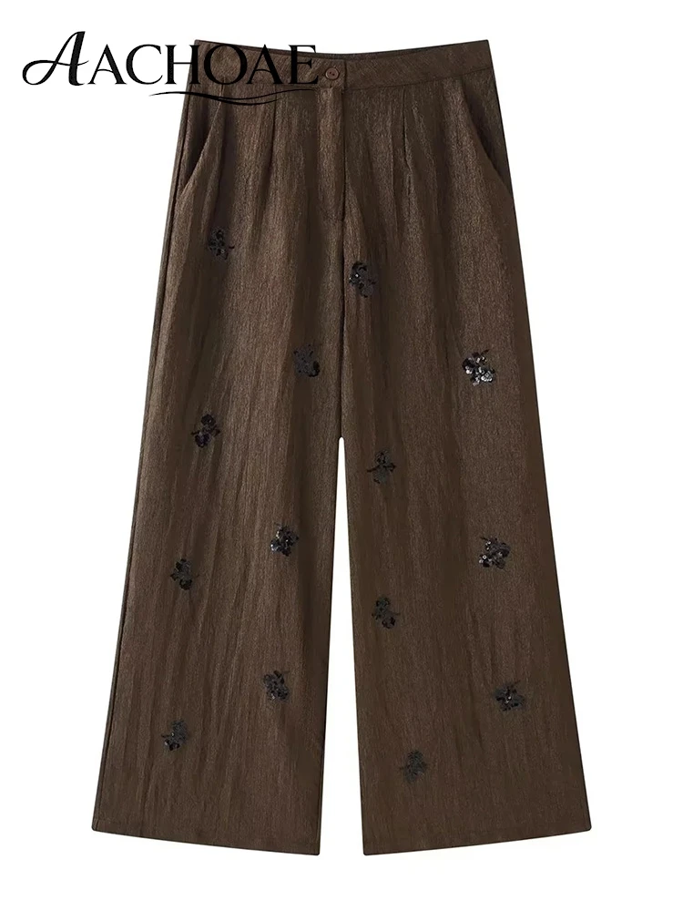 AACHOAE Women Wide Leg Pants Sequin Floral Embroidered High Waist Loose Trousers Casual Elegant Palazzo Pants