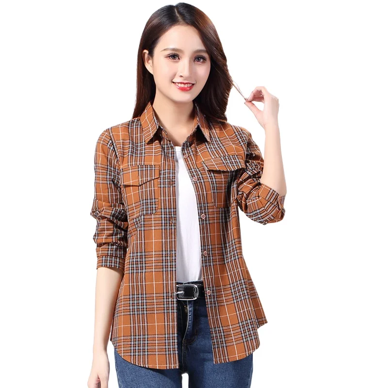 

New Spring Autumn Casual Oversized Thin Cotton Blouses Women's Pockets Plaid Shirt Checkered Shirts Female Long Sleeve Tops