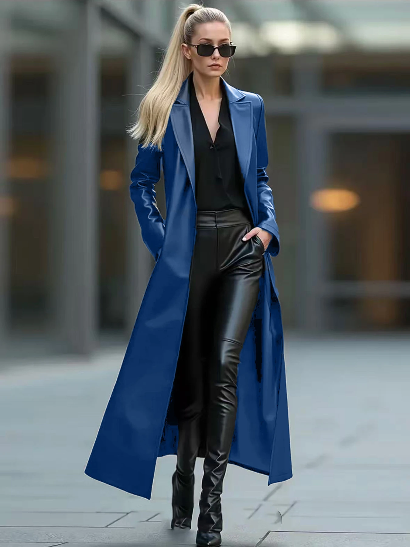 Women's Long Leather Jacket Fashionable Lapel Slim Fit Pu Leather Coat Long Sleeved Urban Commuting Fashion Outerwear traf