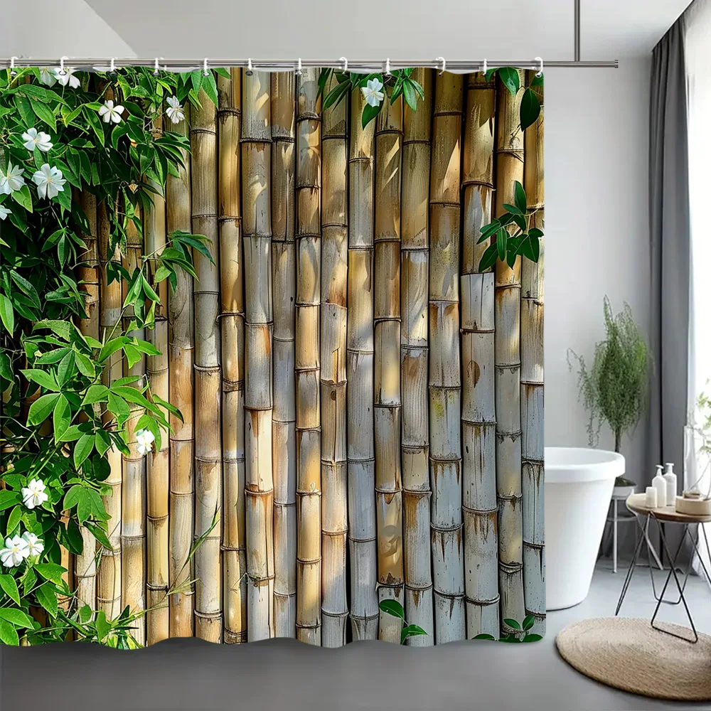 Green Bamboo Shower Curtain Zen Meditation Nature Botanical Polyester Fabric Shower Curtains Bathroom Decor with Hooks