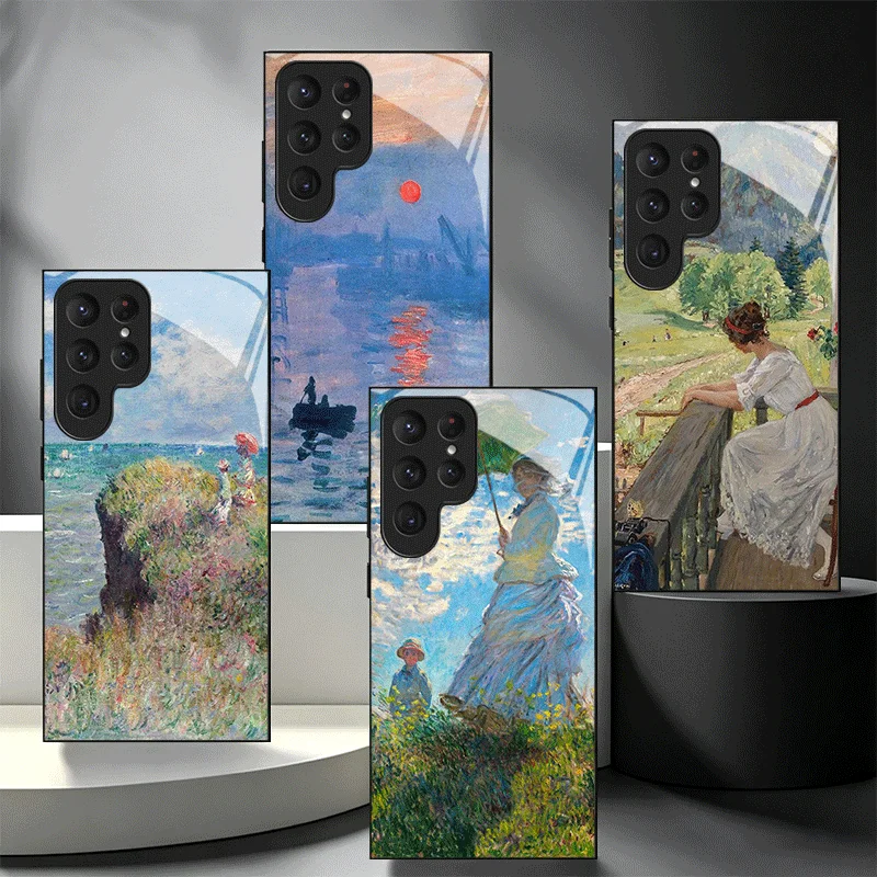 Claude Monet Oil Painting Glass Phone Case for Samsung Galaxy S26 S25 S24 S23 Ultra Edge S22 S21 Plus S20 FE Shockproof Cover Sh