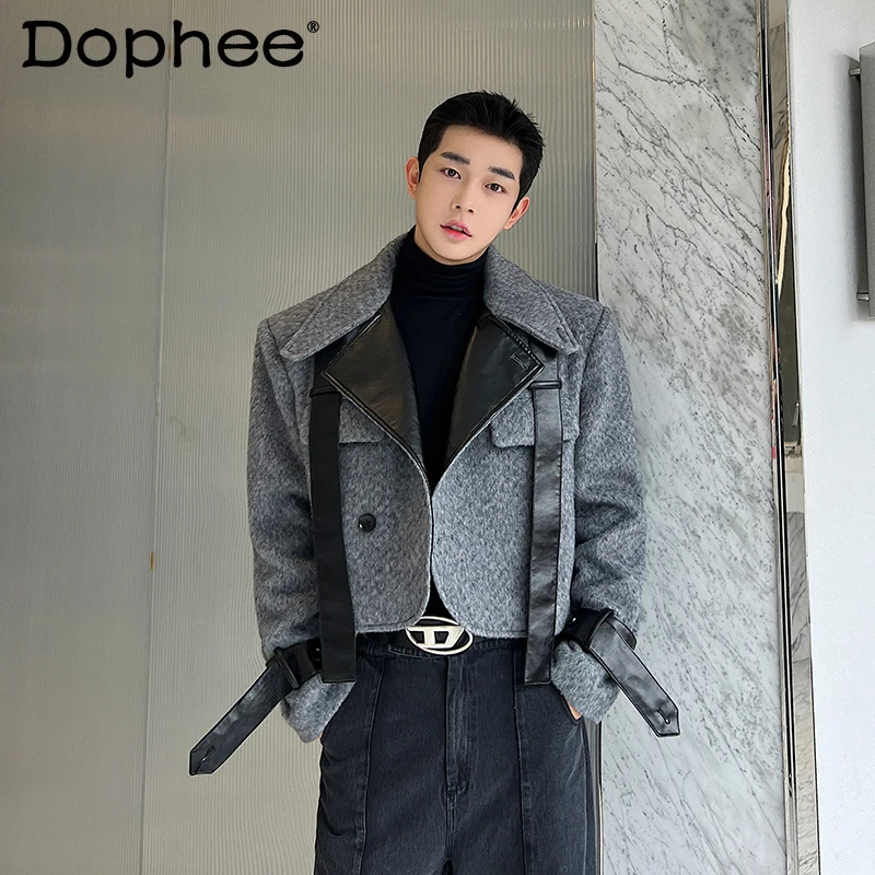 

Fashion Splicing Faux Leather Jackets Men 2025 Winter New High-End Stylish Comfort Lapel Long Sleeve Coats Male Handsome Jackets