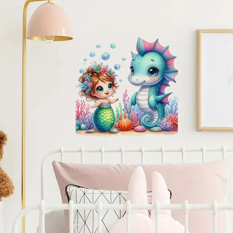 Cute Mermaid with Seahorse Sticker, Water-proof Home Wall Decal, Used for Wall, Bathroom, Cabinet, Door,Toilet, Car, Laptop