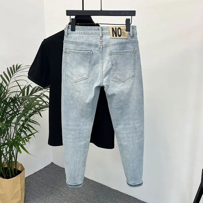 الجينز الرجال العلامة التجارية العصرية فاتحة اللون موضة الشباب سراويل تقليدية كاوبوي بسيط روفيان وسيم سليم المناسب نحيل الجينز الرجال #2