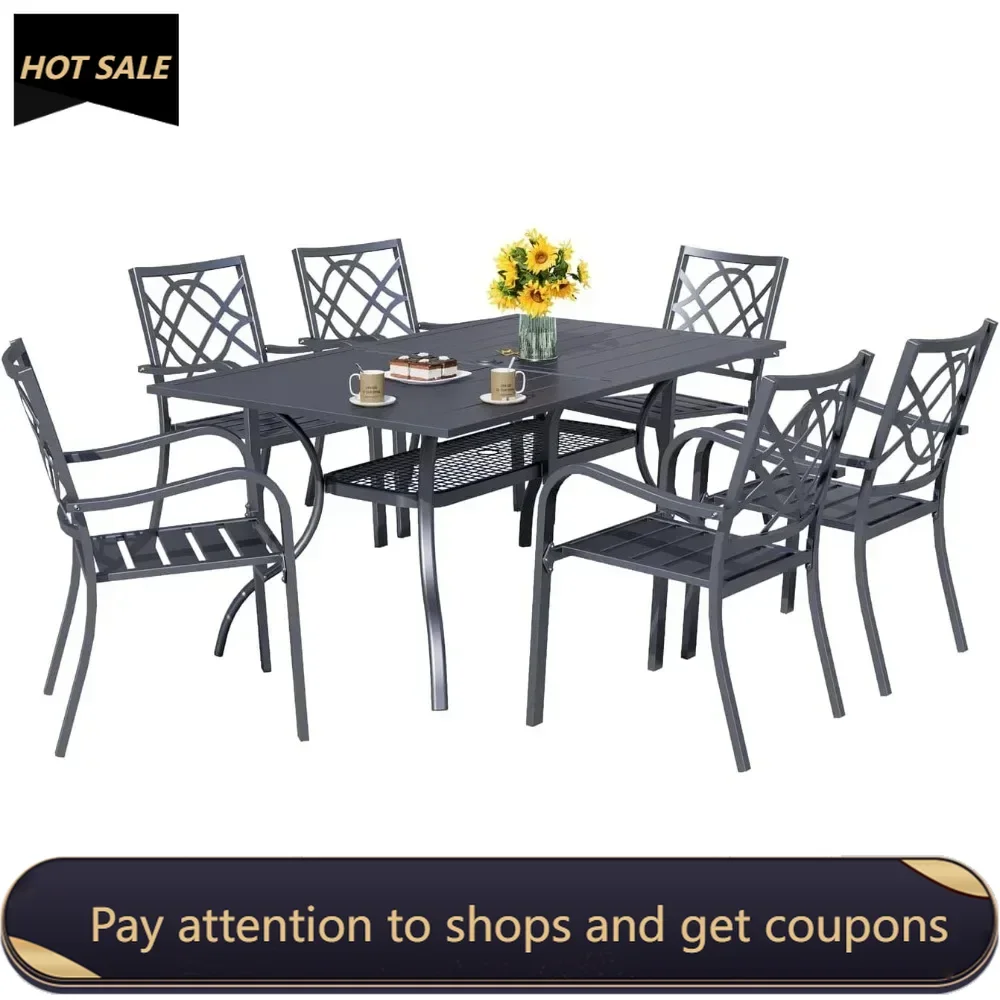 

7-Piece Outdoor Wrought Iron Chairs and Table Patio Dining Furniture Set - 6 Stackable Metal Chairs Tools Dinning Tables Sets