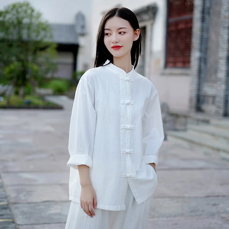 2025 Fall Long Robe Cotton-Linen Blend Chinese Retro Stand Collar Button-Up Tea Dress Shirt for Meditation and Morning Exercise