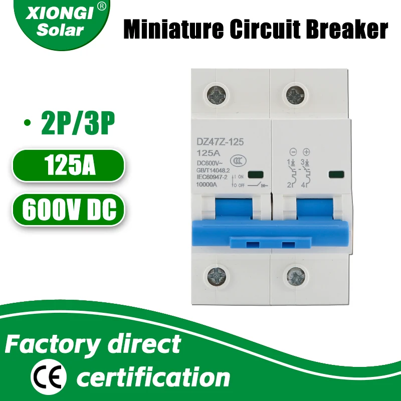 XIONGI Solar Miniature circuit Breaker DC 600V 2P 125A DZ47Z-125 MCB Solar Energy PV Overload/Short Circuit Protector