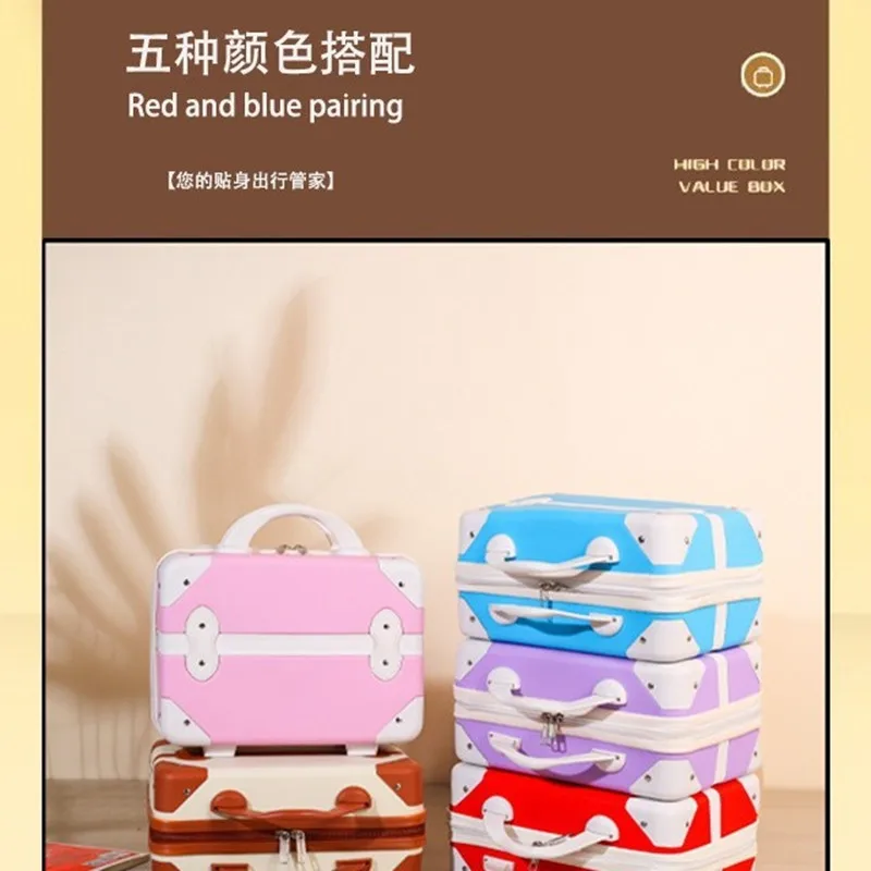 Retro Suitcase Cartoon Suitcase 14 Inch Travel Tuitcase Hand-Held Makeup Case Large Capacity Storage Box