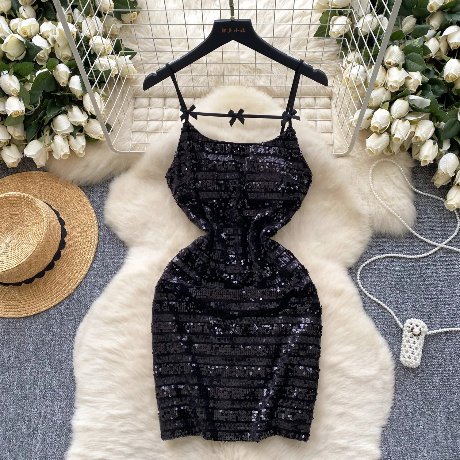 Hotsweet Elegant Sleeveless Sexy Straps Vintage Chic Glitter Sequin Bow Slim Pencil Dresses French Evening High Street Clothing