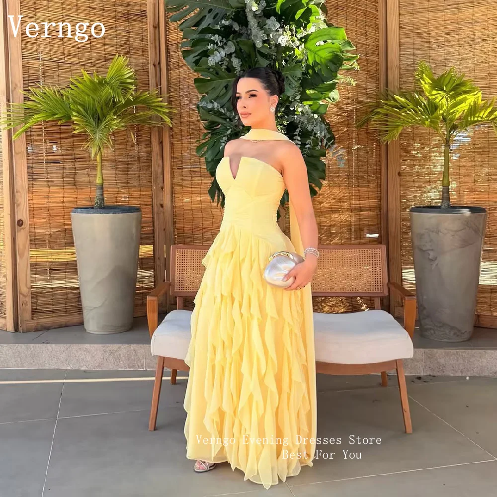 Verngo Simple Yellow Chiffon Pleated Evening Dress Sweetheart A Line Scarf Prom Gowns Maxi Wedding Party Dresses Customized